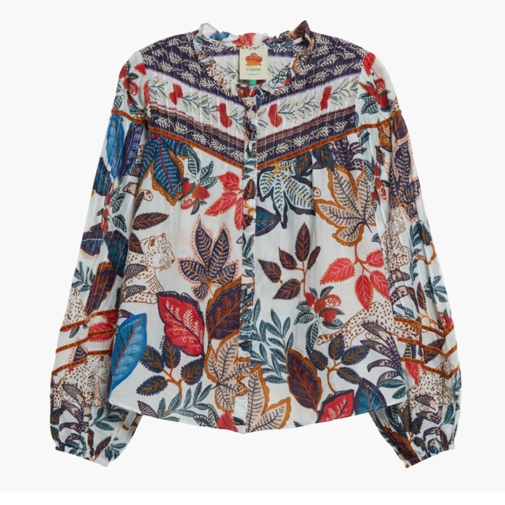 FARM‎ Rio Wild Night Cotton Button-Up Blouse XS Boho Top Botanical Leopard Print
